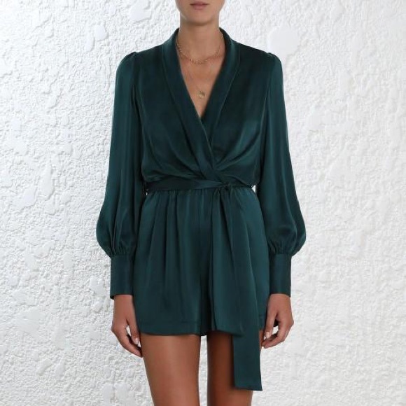 Zimmermann Wrap Effect Silk Playsuit Romper in Dark Teal Emerald
